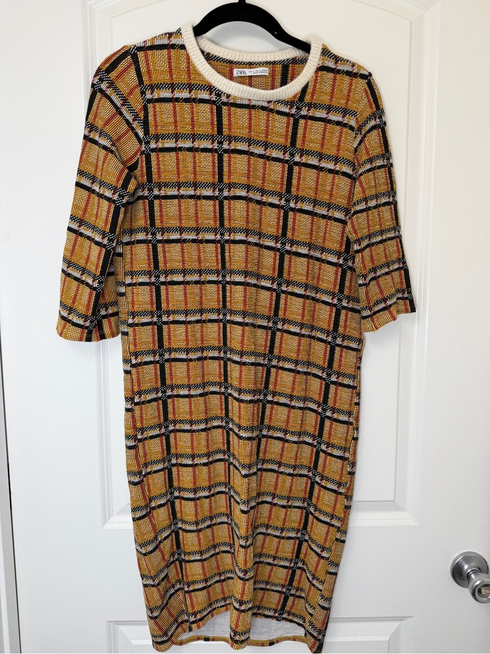Zara Mustard Plaid Knit Midi Dress with Cream Trim